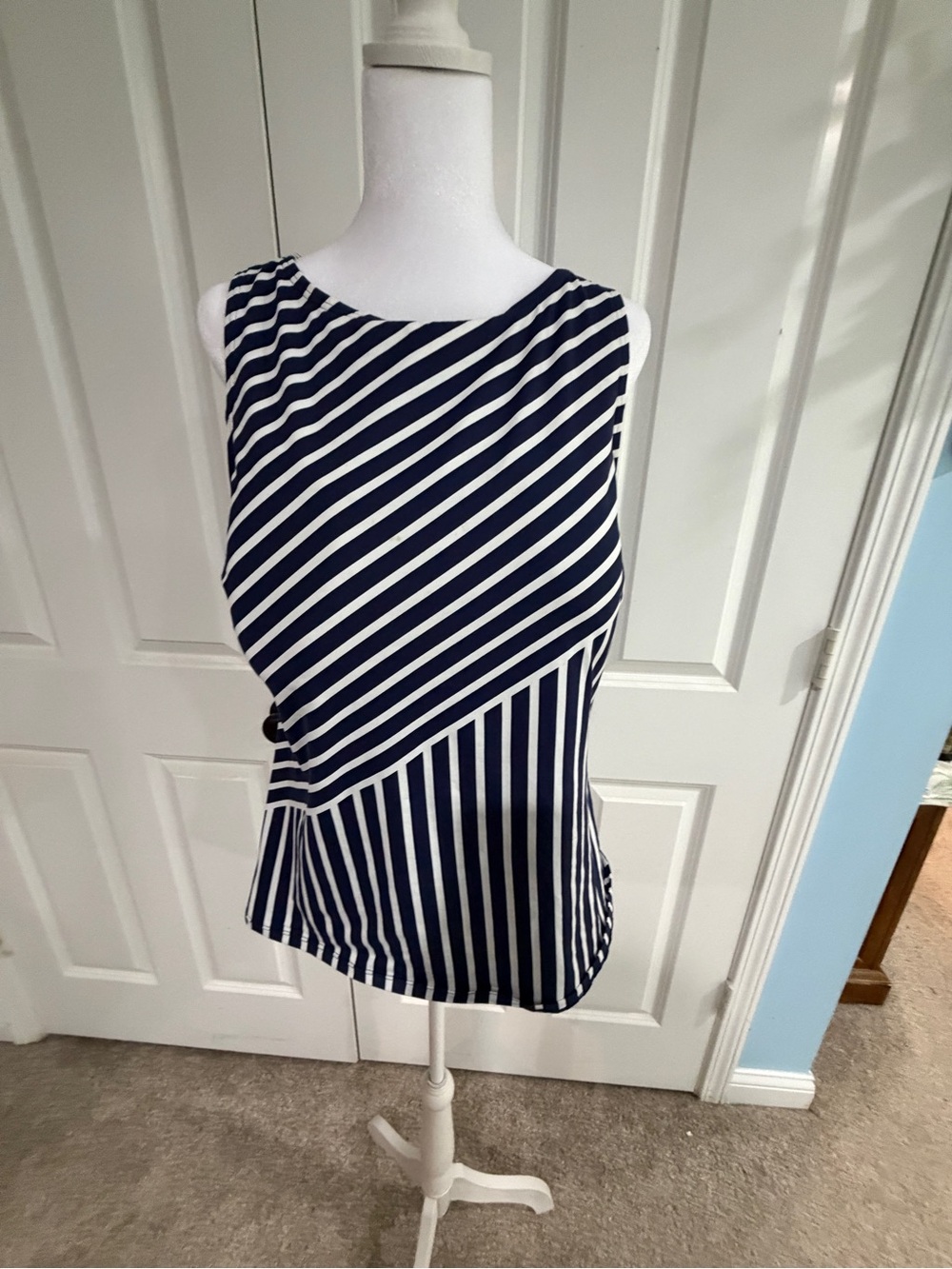 Lands' End Navy and White Diagonal Stripe Swim Camisole